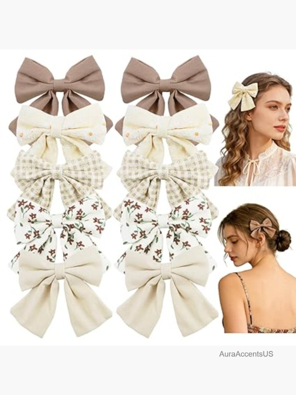 10 Pcs Large Fabric Bow Hair Clips for Women - Soft Linen Clips for Daily